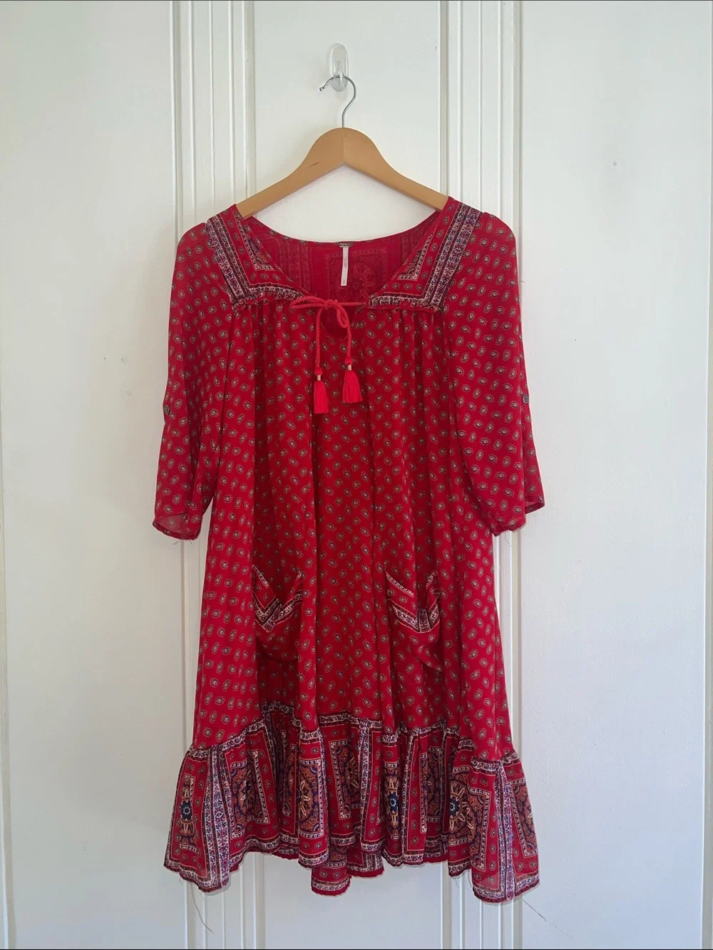 Free People Red Printed Tassel Mini Dress